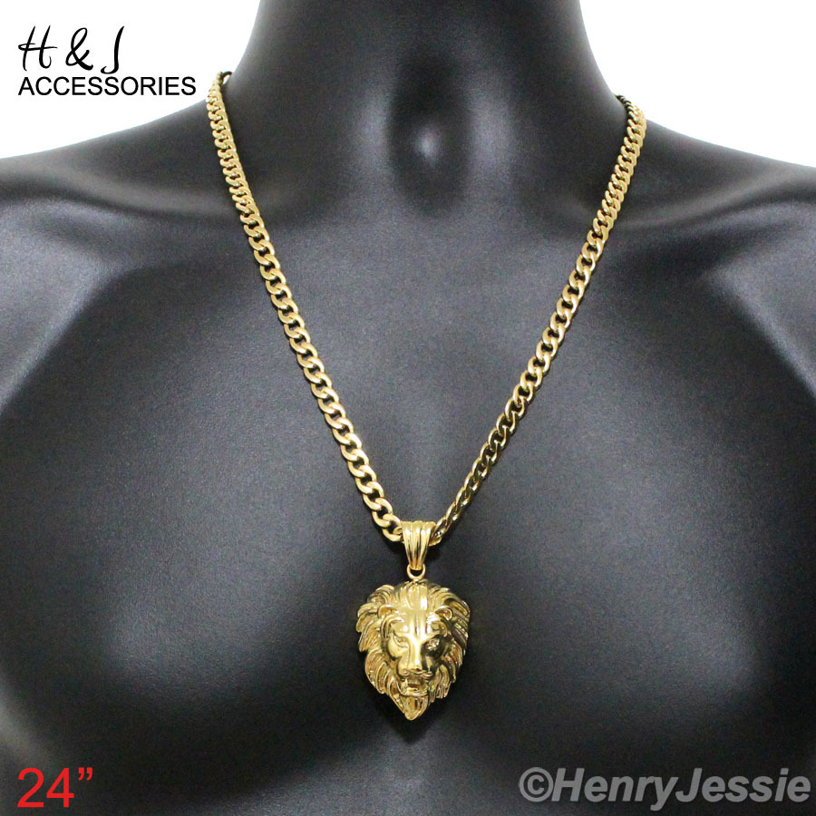 24″MEN Stainless Steel 6mm Gold Plated Cuban Curb Link Chain LION Pendant*GP50