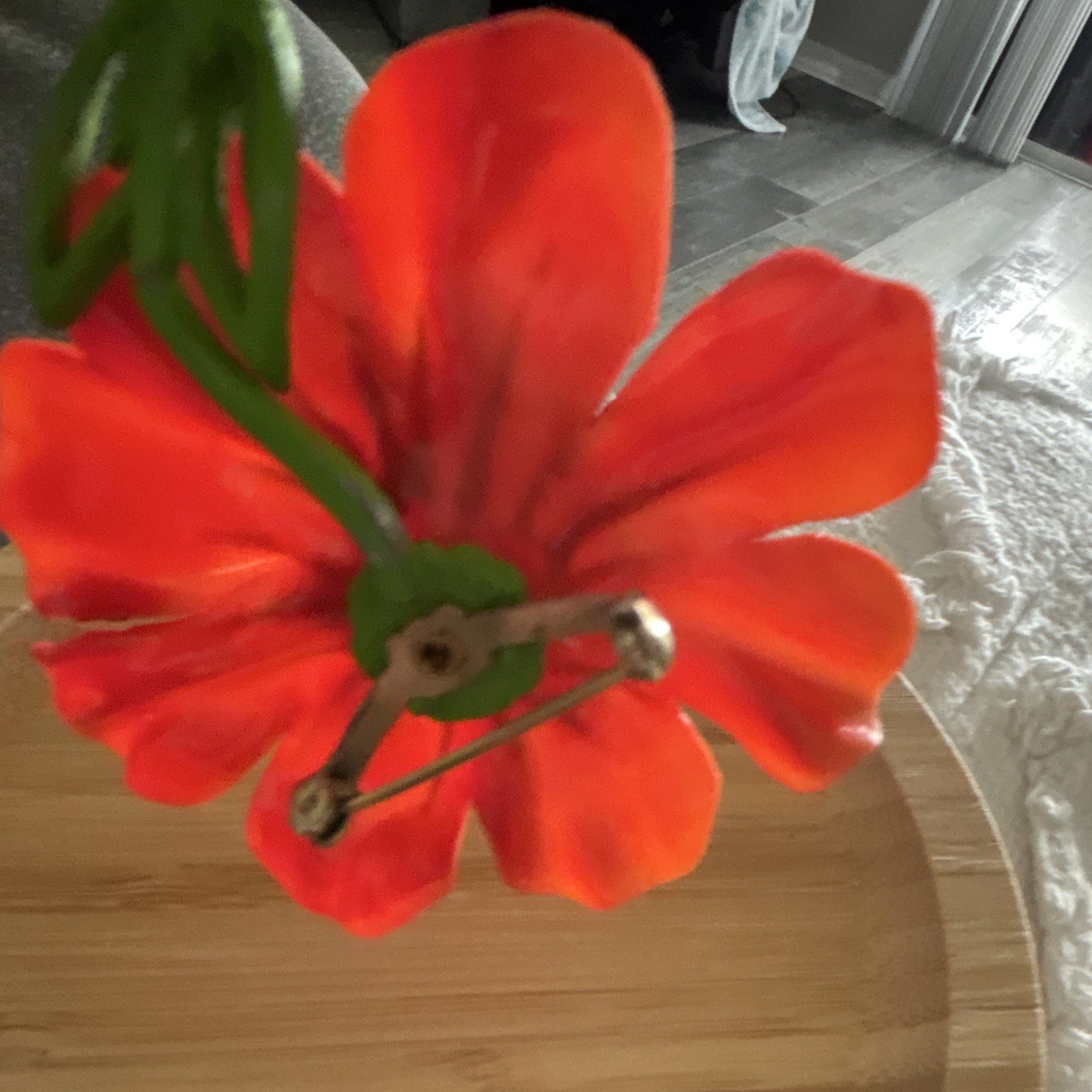 Vintage Red & Green Delicate Plastic Flower Brooch Pin Yellow & Black Accents