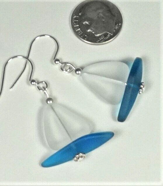 Frosted CRYSTAL SAIL Beach glass nautical jewelry TEAL hull handmade earrings
