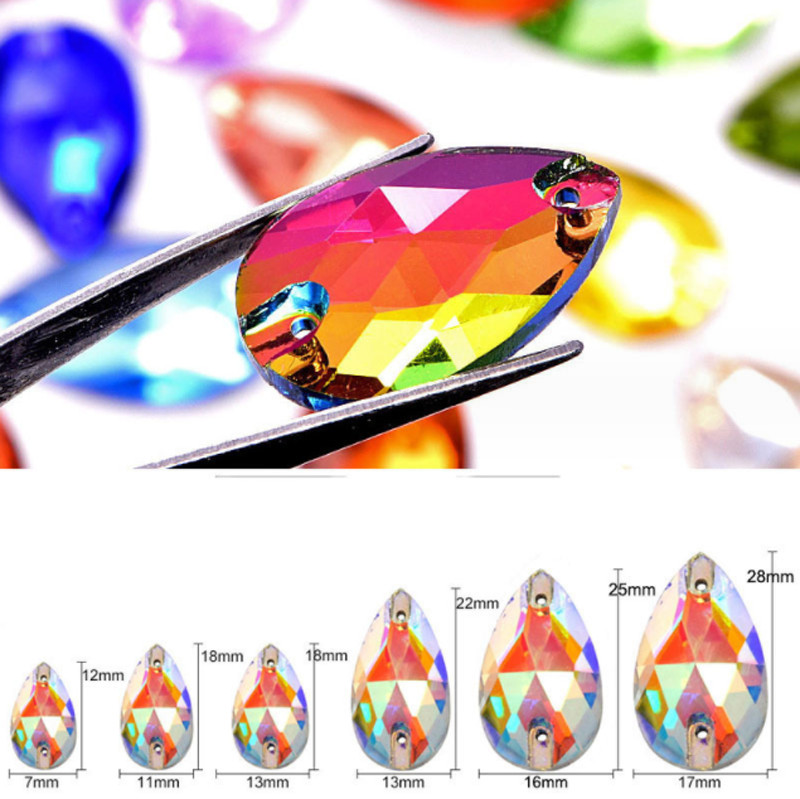 Teardrop Colour AB Glass Rhinestone Sew On Crystal Jewels Flatback Beads