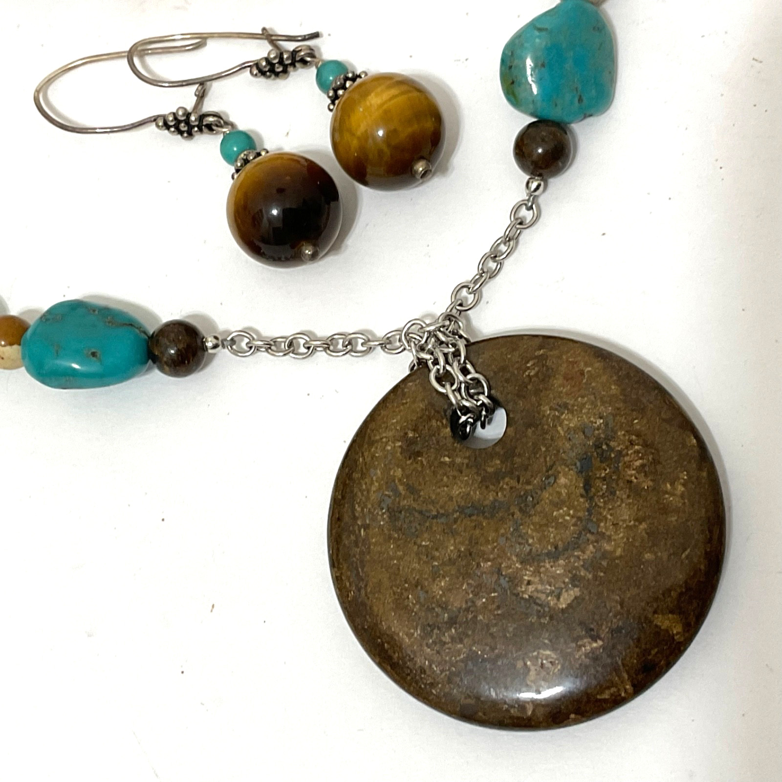 AIL Aluma Genuine Turquoise Tigers Eye Bronzite Pendant Necklace Earrings & Gift