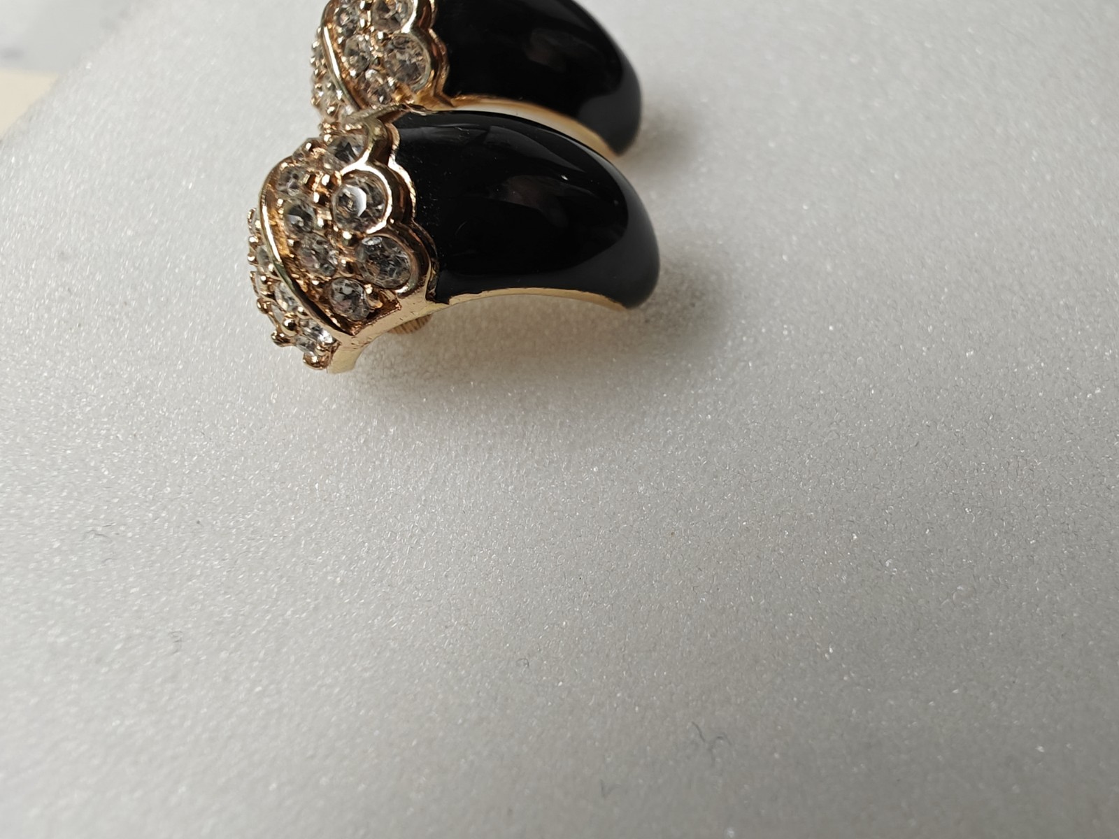 Swarovski Swan Logo Signed Black Enamel Rhinestone Half Hoop Pierced Earrings