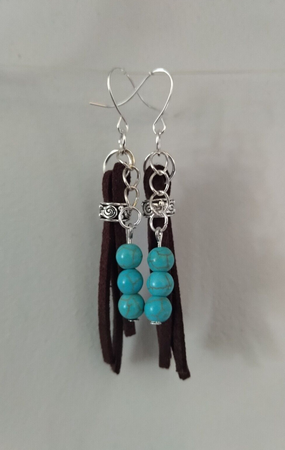 Suede Fringe Tassel Earrings Turquoise Blue Howlite Stone Bead Handmade Cowboy