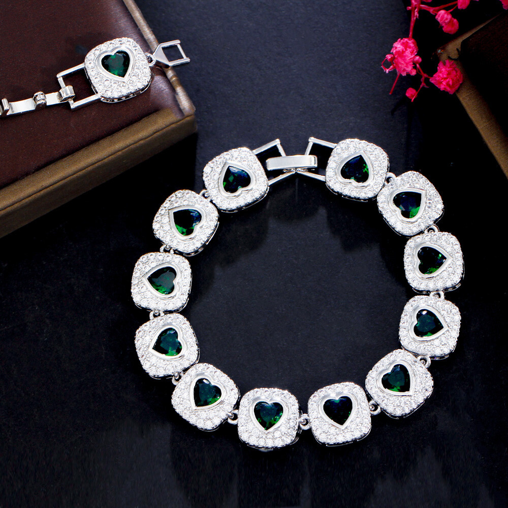 Women Lovely Silver Plated Pink Heart Cubic Zirconia Big Tennis Bracelet Wedding