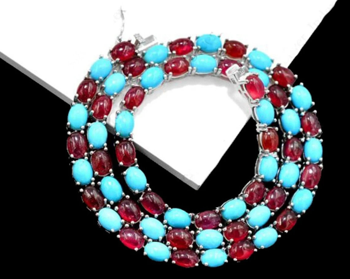 31Ct Oval Cut Lab-Created Garnet & Turquoise Tennis Necklace in 925 Silver – 20″
