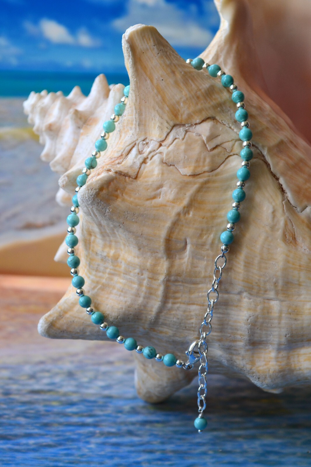 4mm Turquoise Bead and 3mm Sterling Silver Bead Ankle Bracelet 9 to 11 Inches