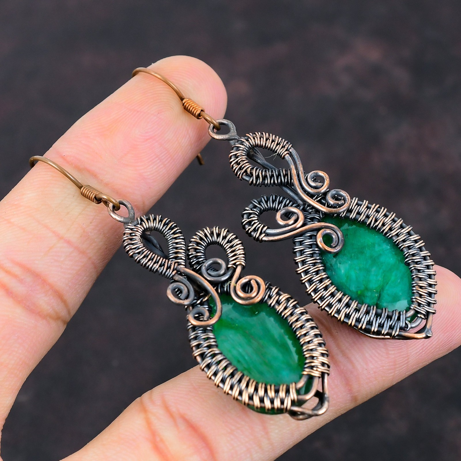 Zambian Emrald Gemstone Hook Drop Dangle Wire Wrapped Earrings Jewelry Copper