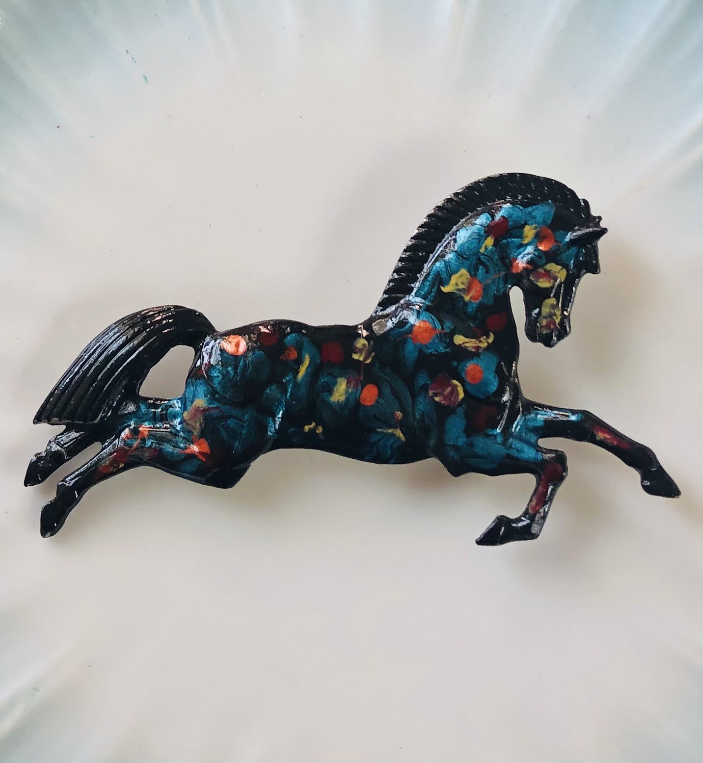 Vintage Black Blue Orange Enamel Painted Horse Brooch/pin