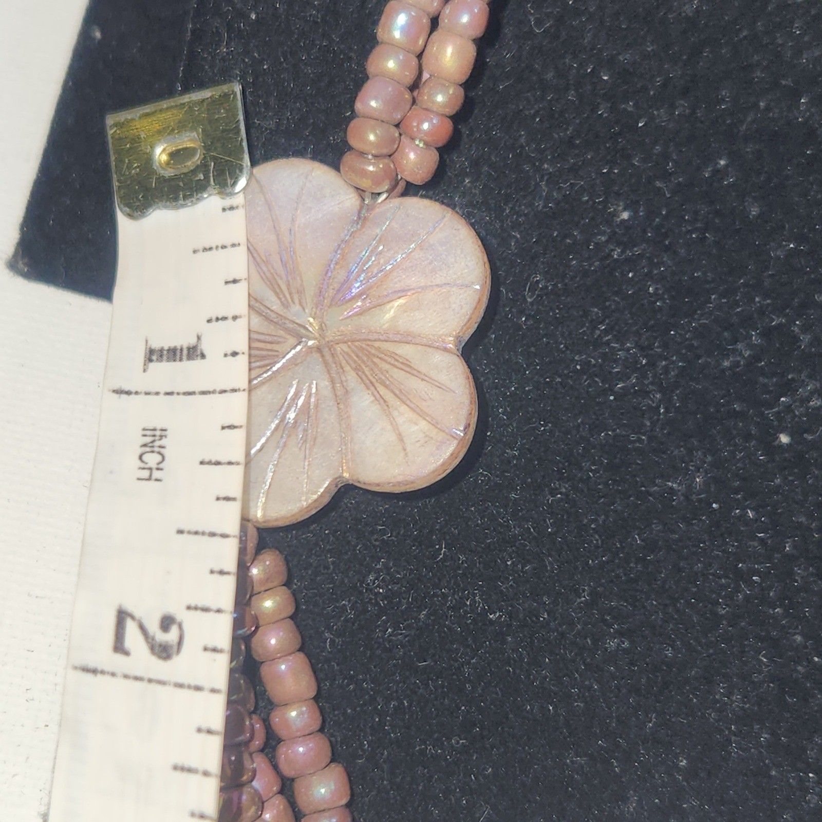 Iridescent Mauve Multi Strand Seed Bead Necklace Carved Shell Flower Toggle 21in