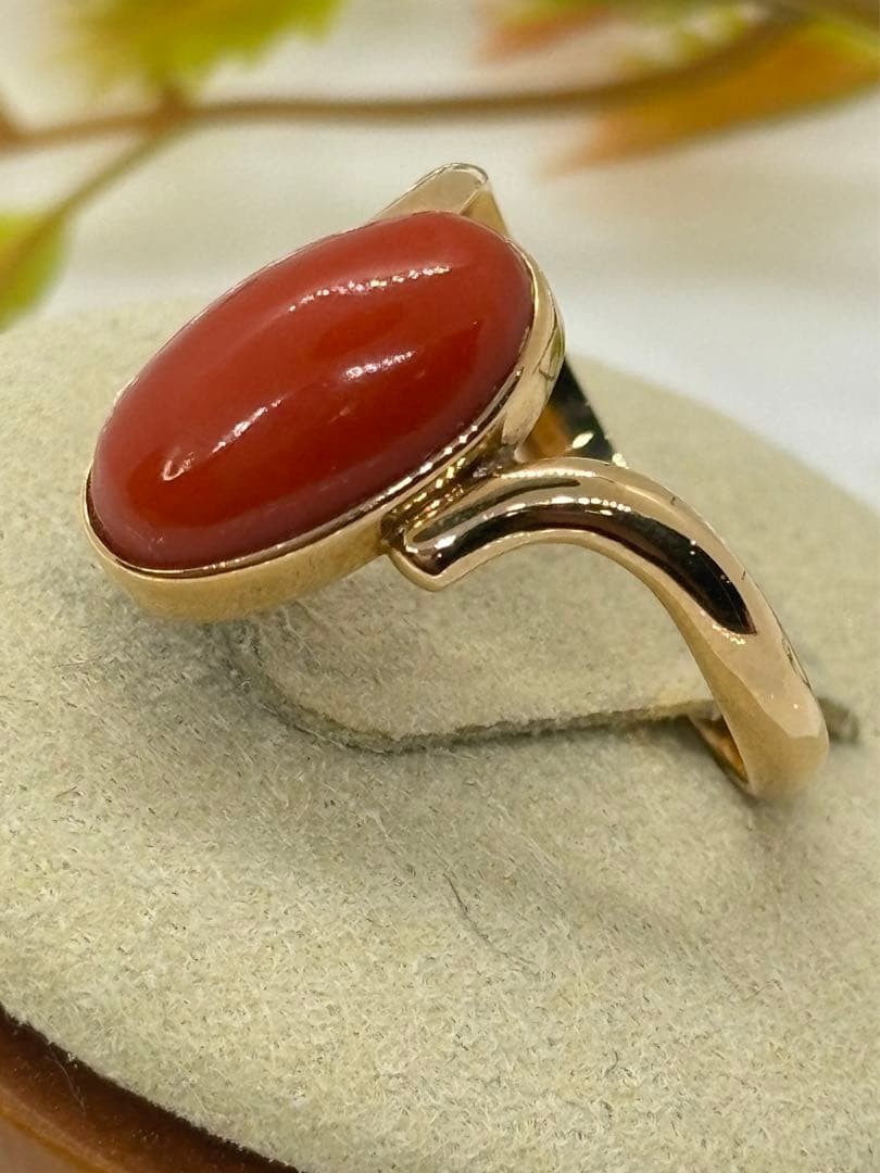 18k Yellow Gold 14.6×8.4mm Natural Japanese Blood Red Coral Ring 4.03g US:8.75