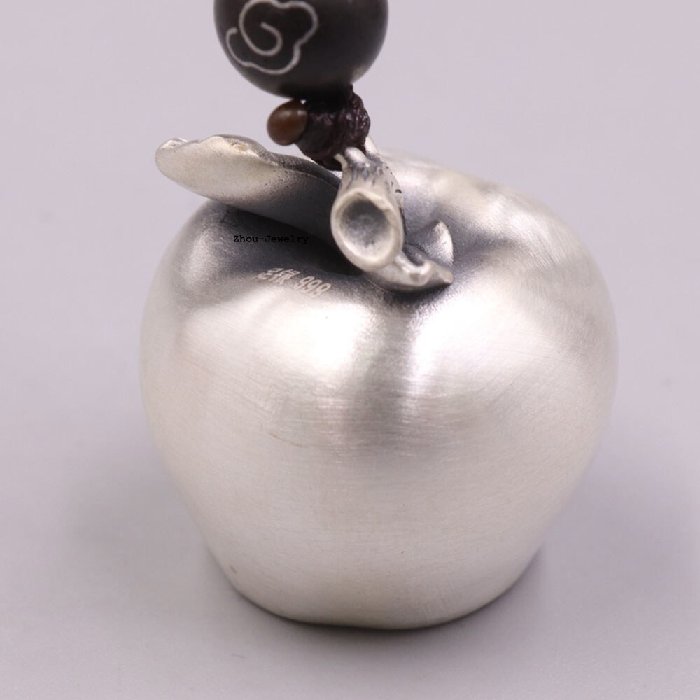 Real 999 Fine Silver Pendant Chinese Feature Good Luck Apple Netsuke 30-32G