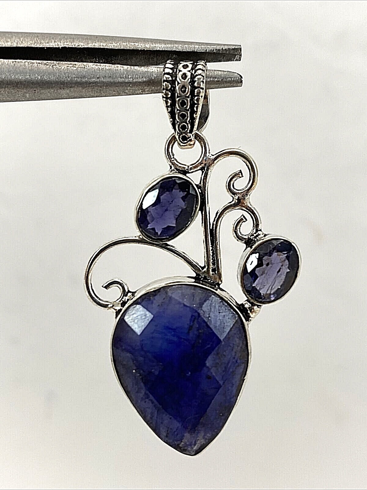Sterling Silver .925 17mm x 21mm Faceted Pear Sapphire Amethyst Scroll Pendant