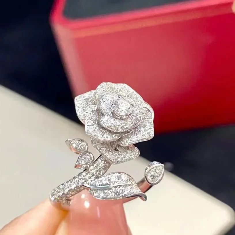 Cocktail Ring Rose Flower Leaves 925 Sterling Silver Adjustable Women Jewelry