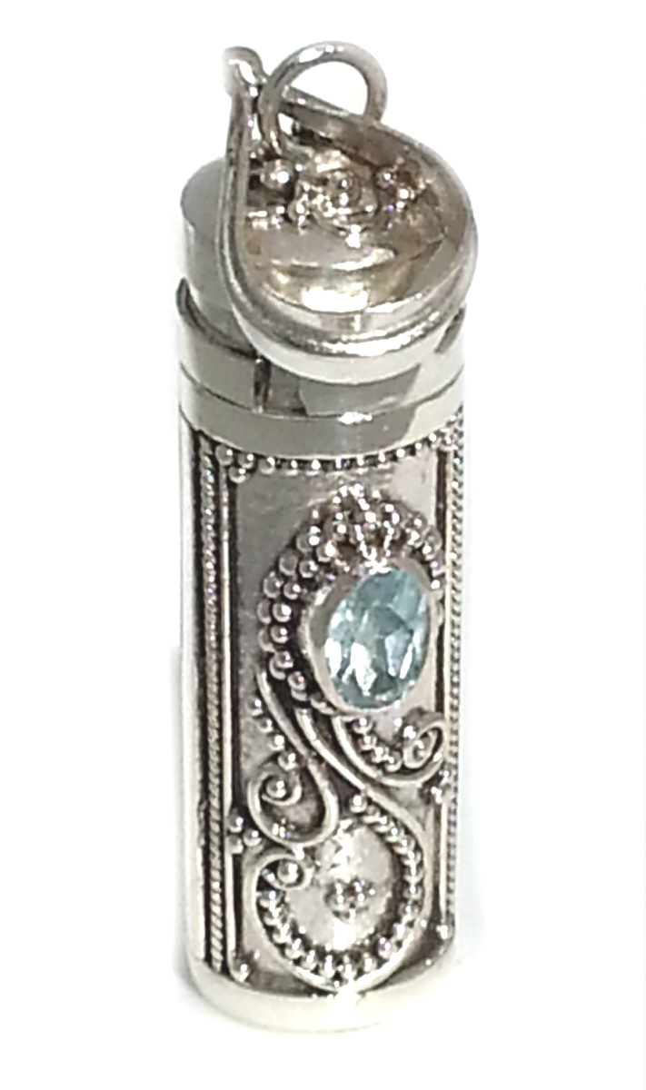 New Sterling Silver Cylinder Prayer Box Pendant with Blue Topaz 1 3/4 Inches