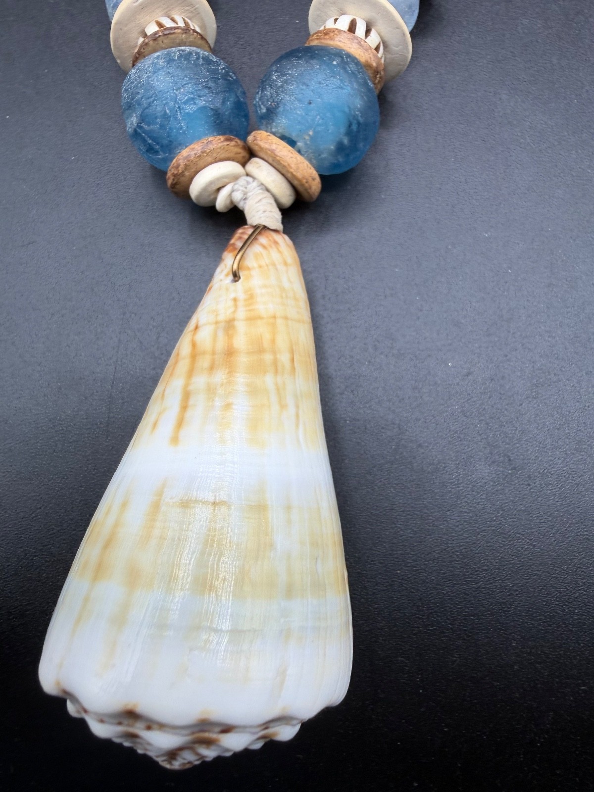 Twine & Twig Large Cone Shell & Blue African Glass Bead Suede Statement Necklace
