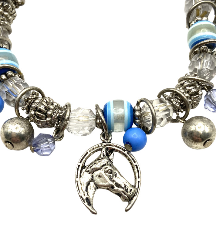 Blue-Clear Beaded Stretch Horse Horseshoe Charm Bracelet Silver Tone Equestrian