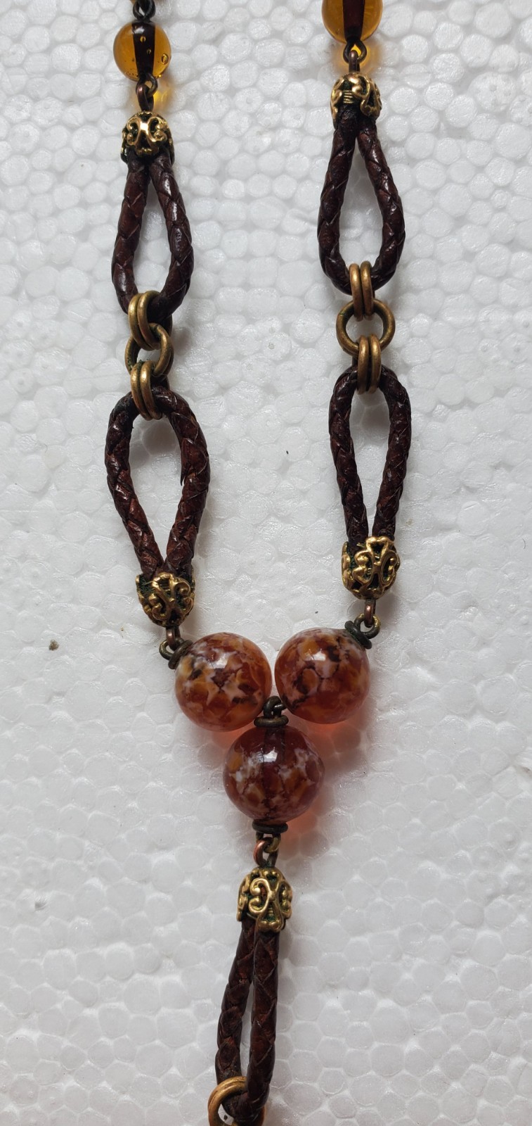 1920s ART DECO ~ LOUIS ROUSSELET Glass & Plaited Leather PENDANT Y NECKLACE