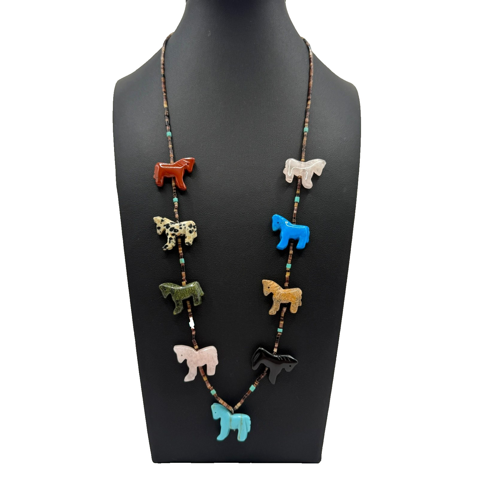 Vintage Carved 9 Horse Fetish Beaded Necklace 24″ Long Multi Stone Southwestern