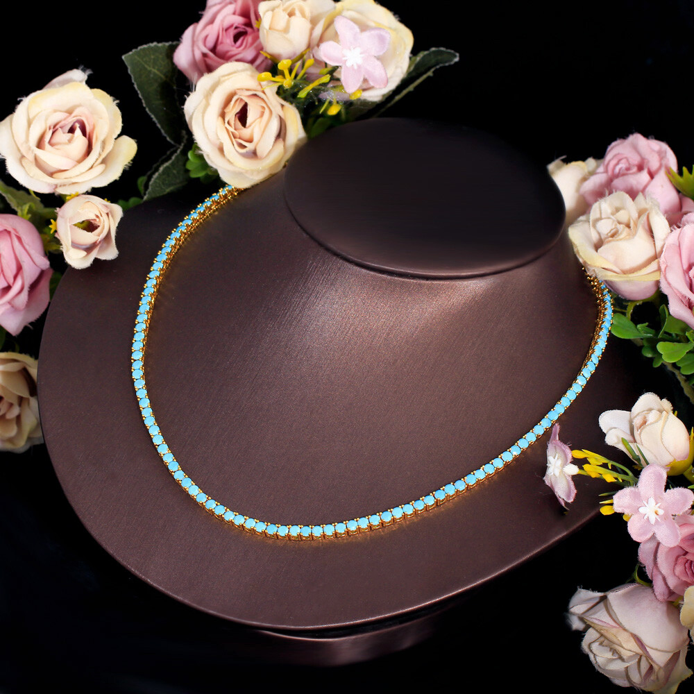 Yellow Gold Plated 3mm Round Turquoises Tennis Chain Choker Necklace for Women
