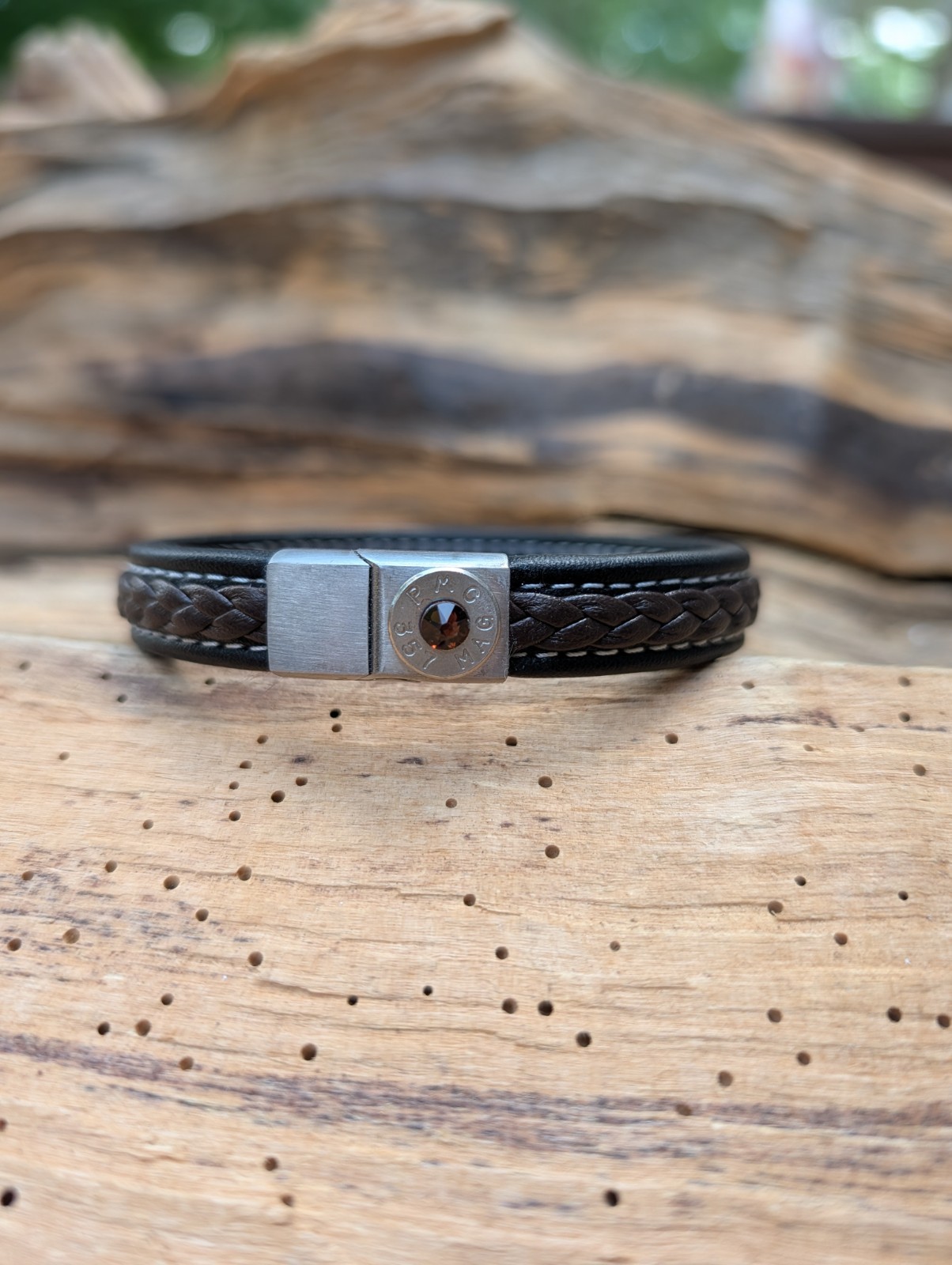 Black and Brown Braided Leather Bullet Bracelet with a 9, 38,40 or 357 Bullet.