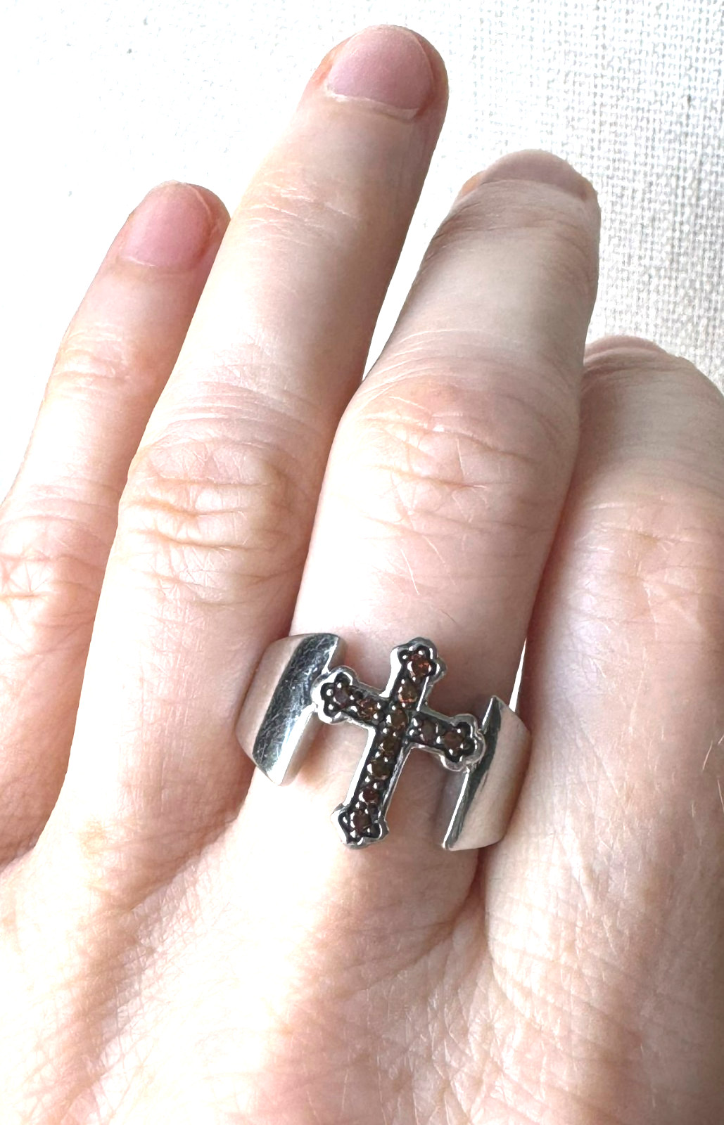 Sterling Silver 925 Cross Ring Unisex Sz7 Red Burgundy Diamond Accent Wide Band