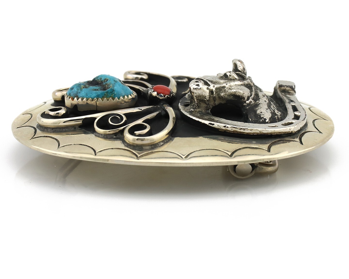 Navajo Horse Belt Buckle Nickle Silver Gemstone Handmade Native American C.80’s