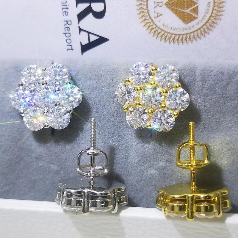 VVS1 Moissanite Flower Stud Earrings Screw Back 925 Sterling Silver GRA Cert