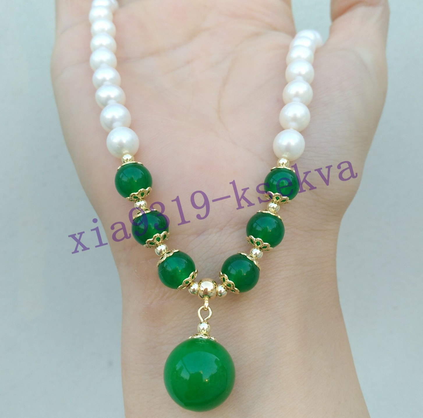 18in Pretty Akoya Round White Pearl + green jade Necklace Pendant 14k Gold P