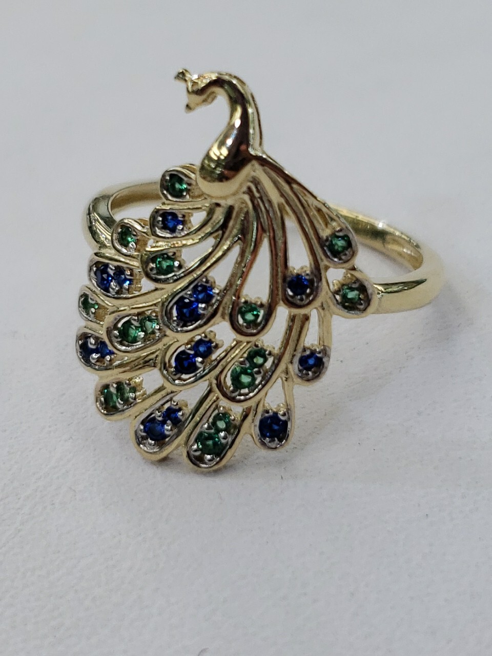 Solid 14k yellow gold peacock Ring Size 5 6 7 8 9 green blue