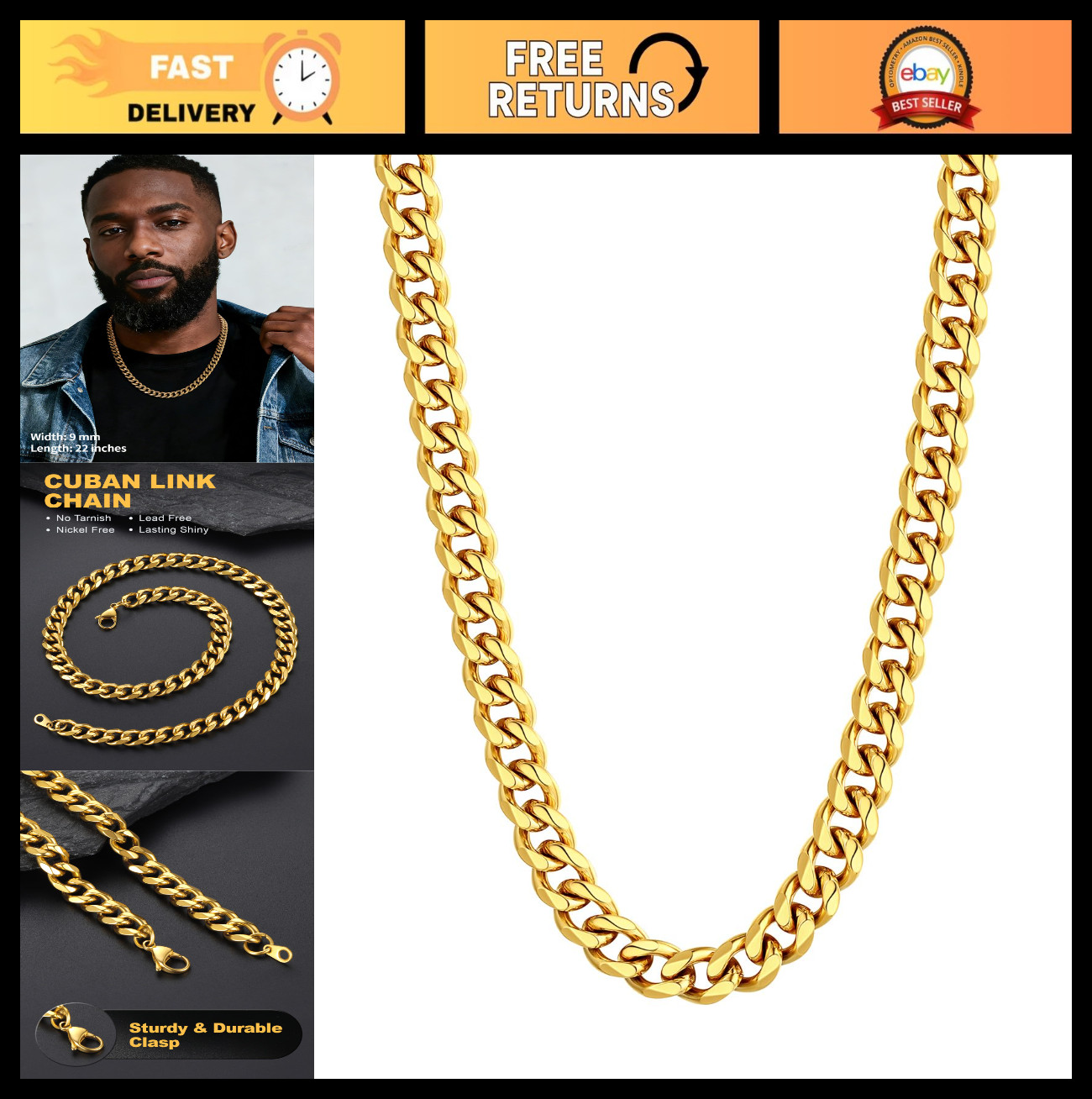 Chunky Cuban Link Chain Necklace, Stainless Steel Gold/Black, 14-30″ Curb Chain