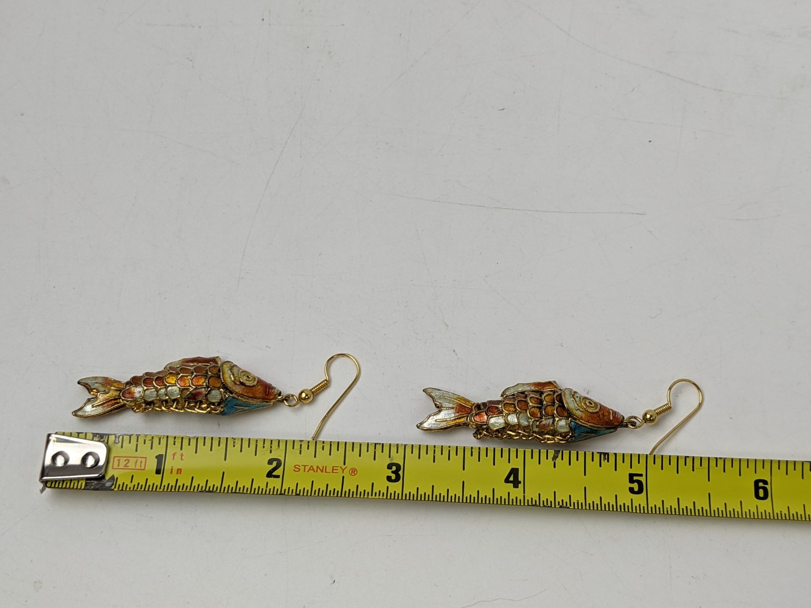 Vintage Mid 20th Century Articulated Enamel Cloissone Hinged Fish Earrings