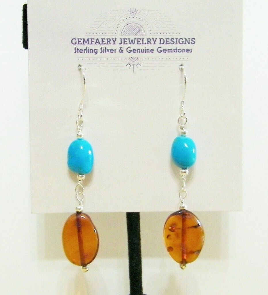 Sterling Silver ROYSTON TURQUOISE & BALTIC AMBER Dangle Earrings…Handmade USA