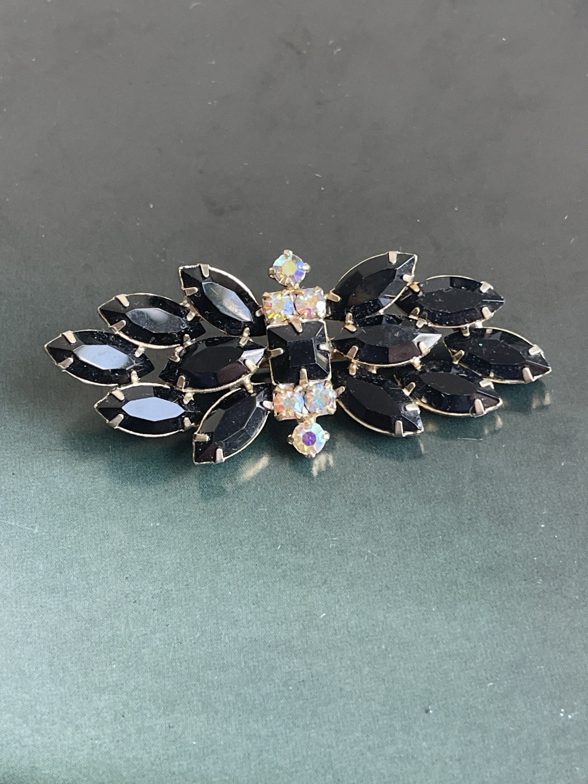 Vintage Juliana slyle black navette rhinestone brooch AB unmarked