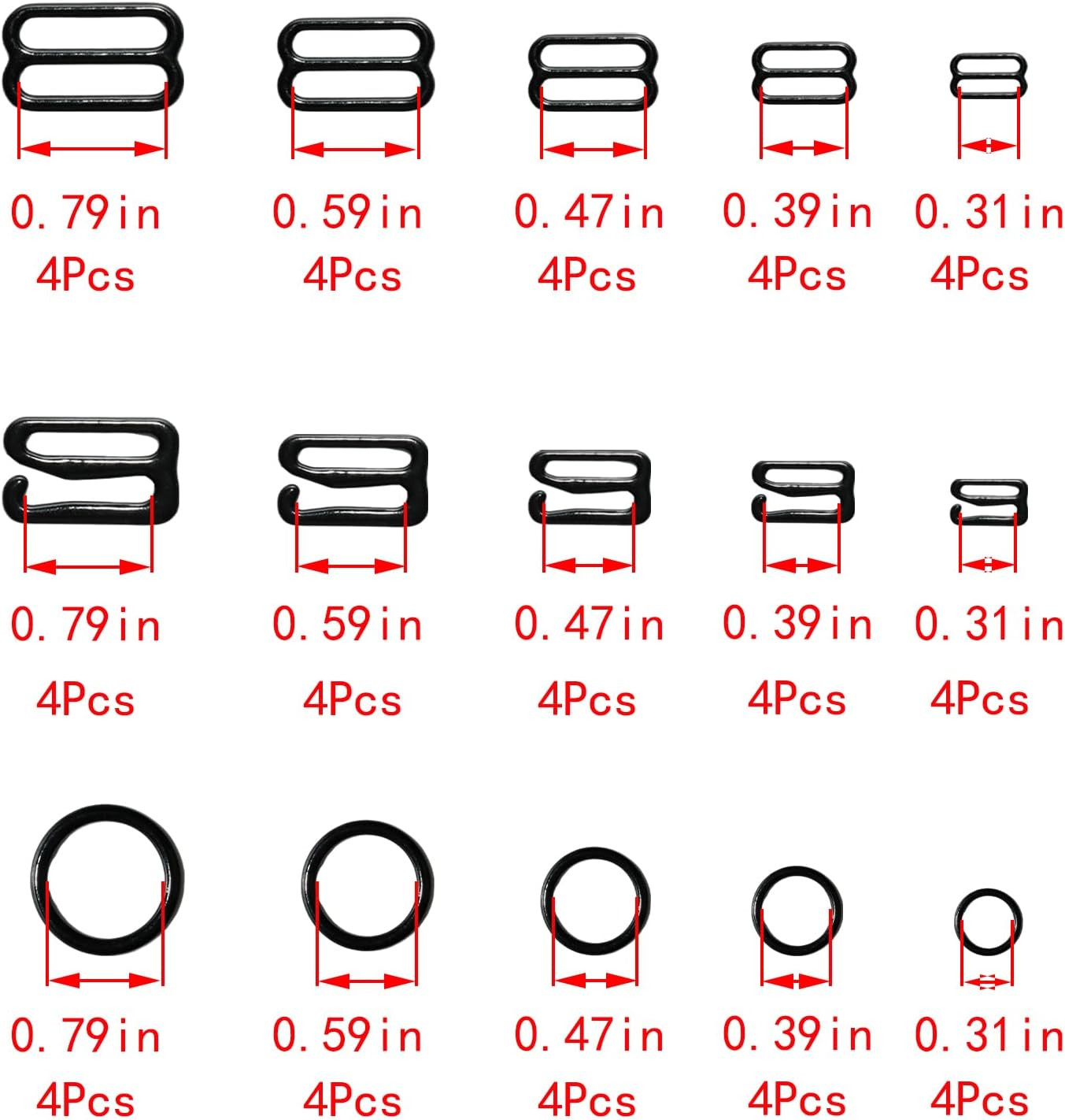 60 Pcs 8mm 10mm 12mm 15mm 20mm Bra Hooks for Straps 3 Styles Sewing Hooks Bra Ri