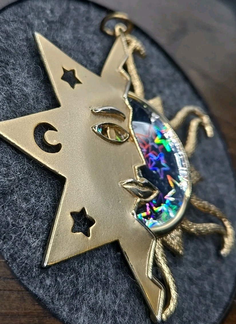 Signed JJ Sun Moon & Stars in One Metal with Flicker Stone 3″ Gold Tone Pendant