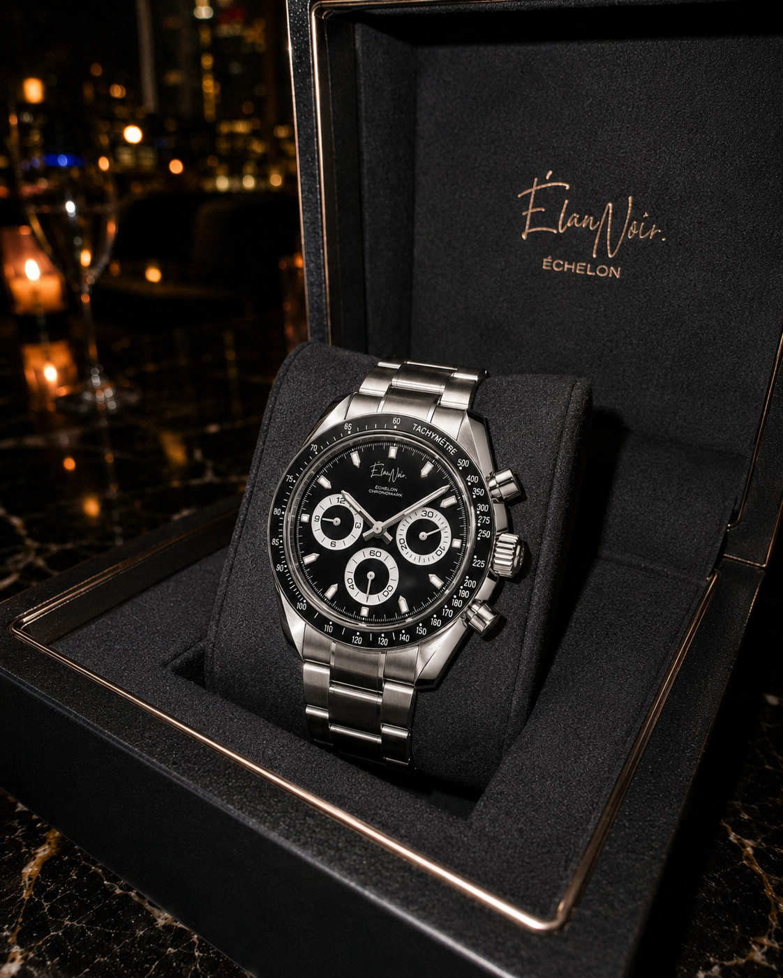 Custom Élan Noir Chronograph Watch Black & White Sapphire Crystal Steel 40mm