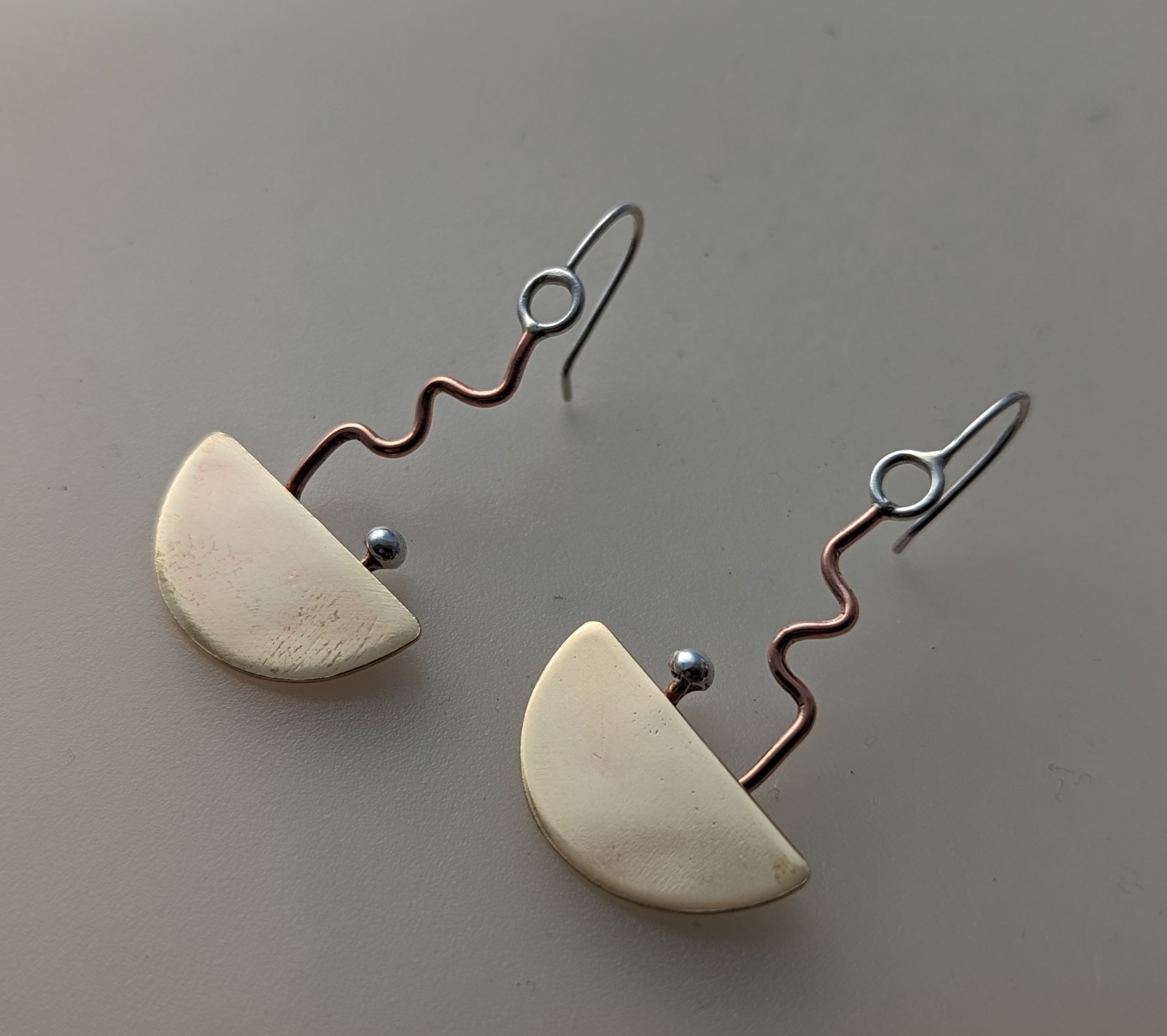 Artisan Hand Made Copper/Brass/Sterling Silver Abstract Dangle Hook Earrings