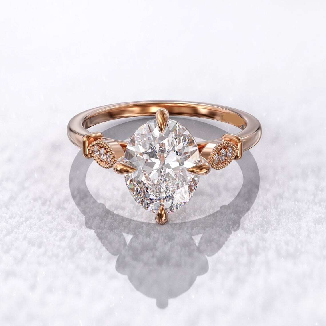 Lab Created 2.50Ct Crushed ice oval diamond Art deco Rose Silver Engagement Ring