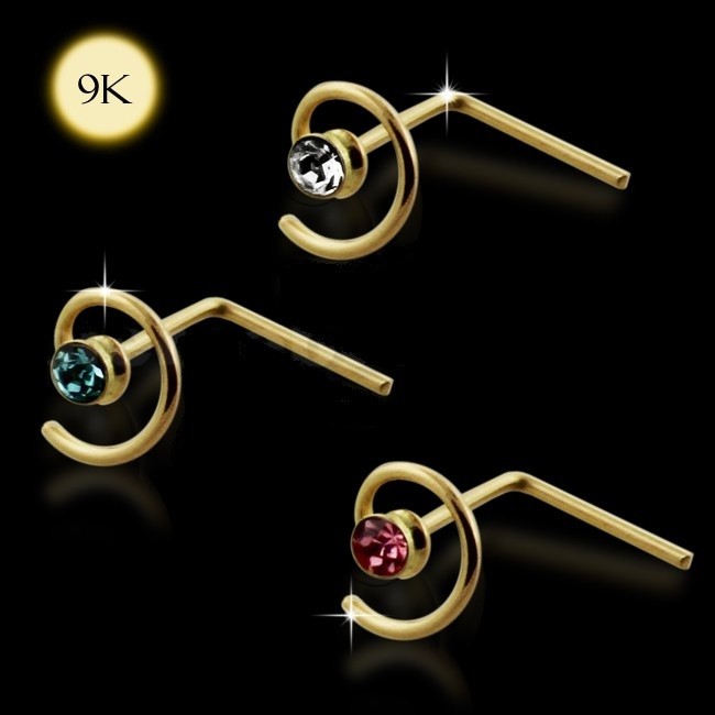 1x 22g 9K Solid Yellow Gold Spiral Coil CZ Gem L Shape Nose Ring Pin Bar 9KNS022
