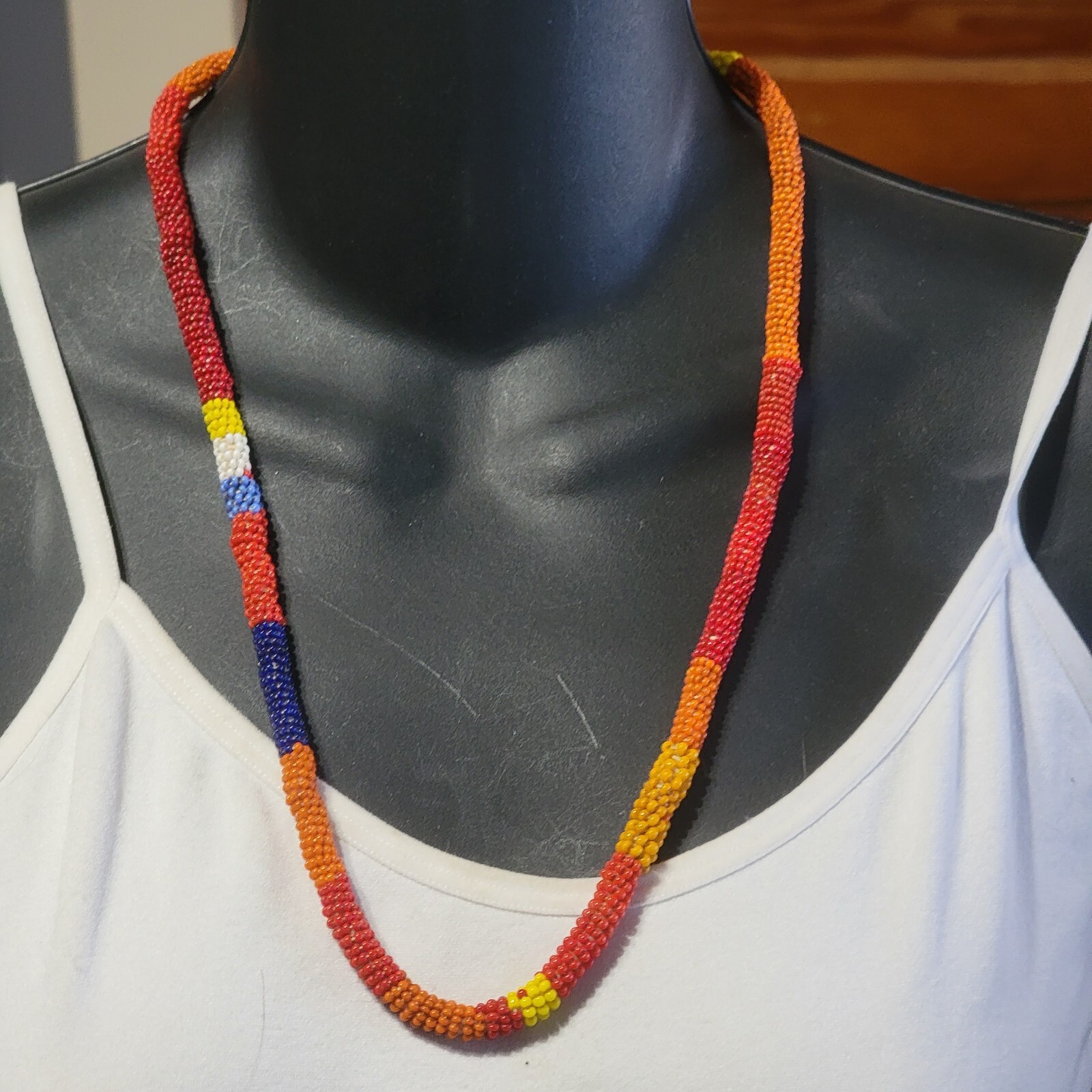 Vintage Tribal Necklace Hand Beaded Colorful Red Blue Yellow Orange 25″ rd01-27