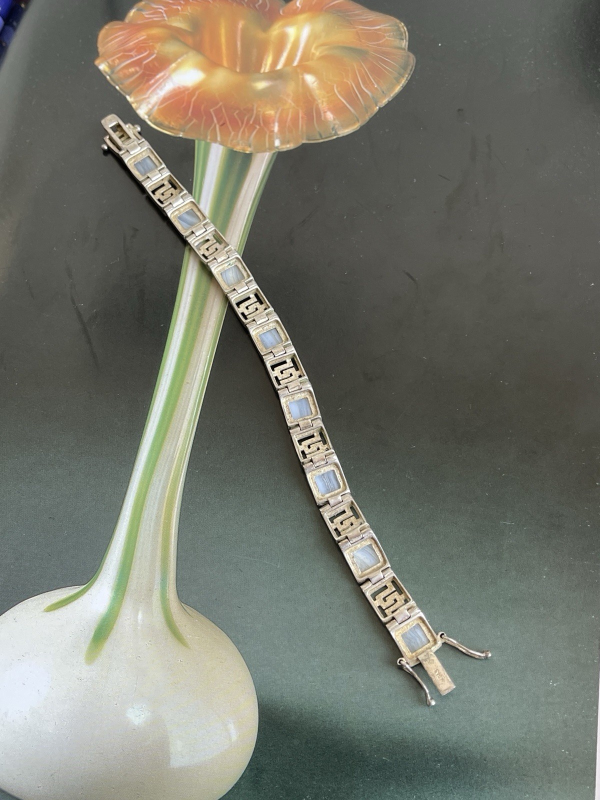 Vintage sterling silver 925 Greek key link bracewith white chalcedony panels