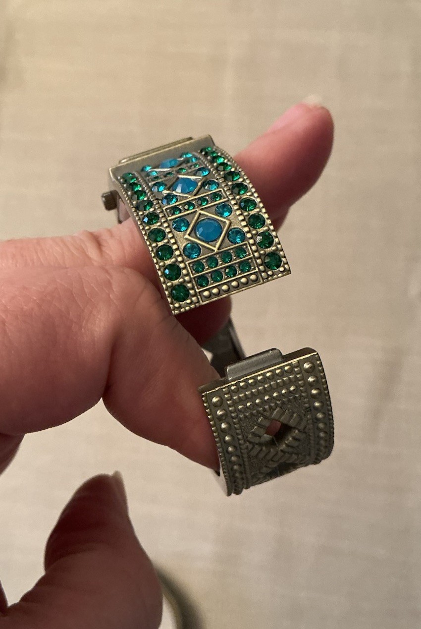 Heidi Daus Double Trouble Bangle Watch Bracelet Set Blue Green Crystals New