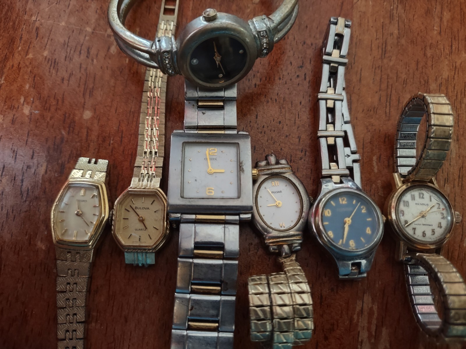 Vintage Ladies Watches 7pc Lot Parts And Repair Citizen,Bulova,Seiko,Pulsar,Etc
