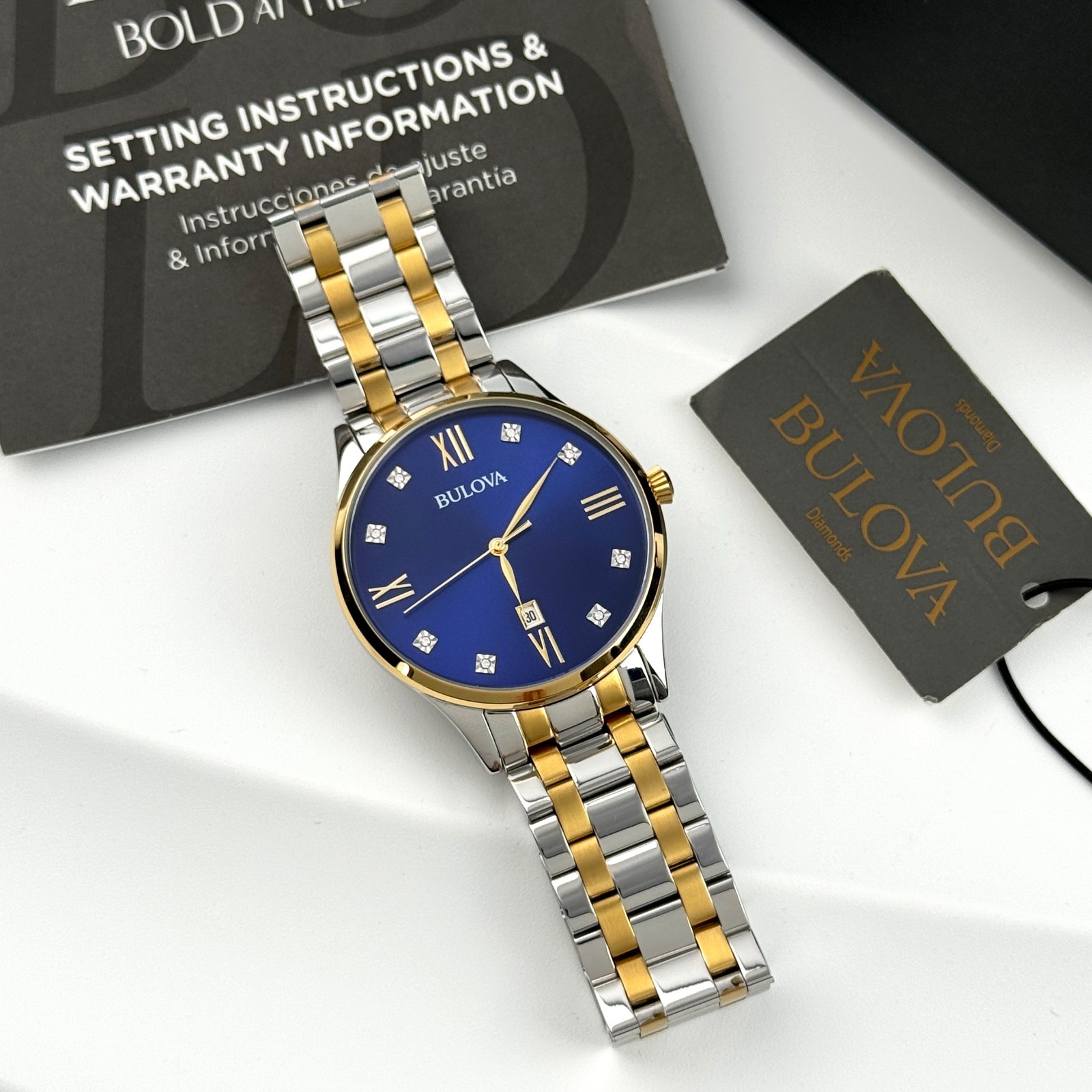 Bulova 98D130 Classic Diamond Quartz Stainless Steel Men’s Watch Blue Dial 40mm
