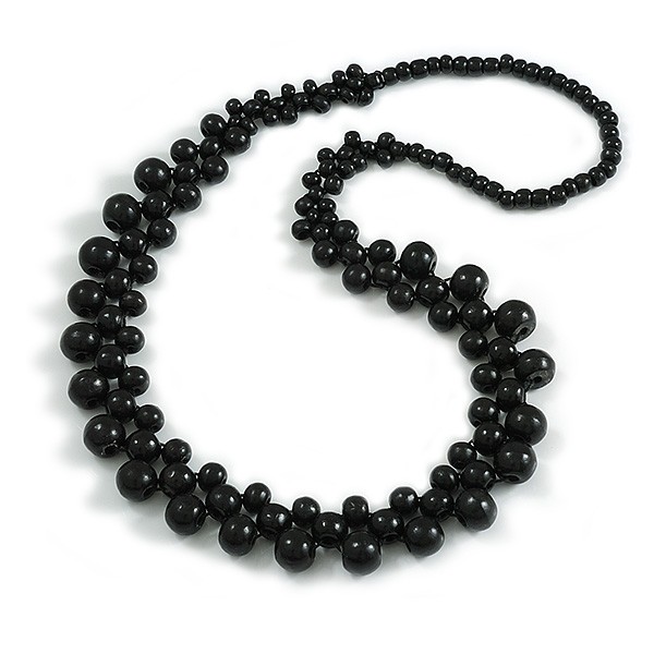 Long Black Cluster Wood Beaded Necklace – 82cm Long
