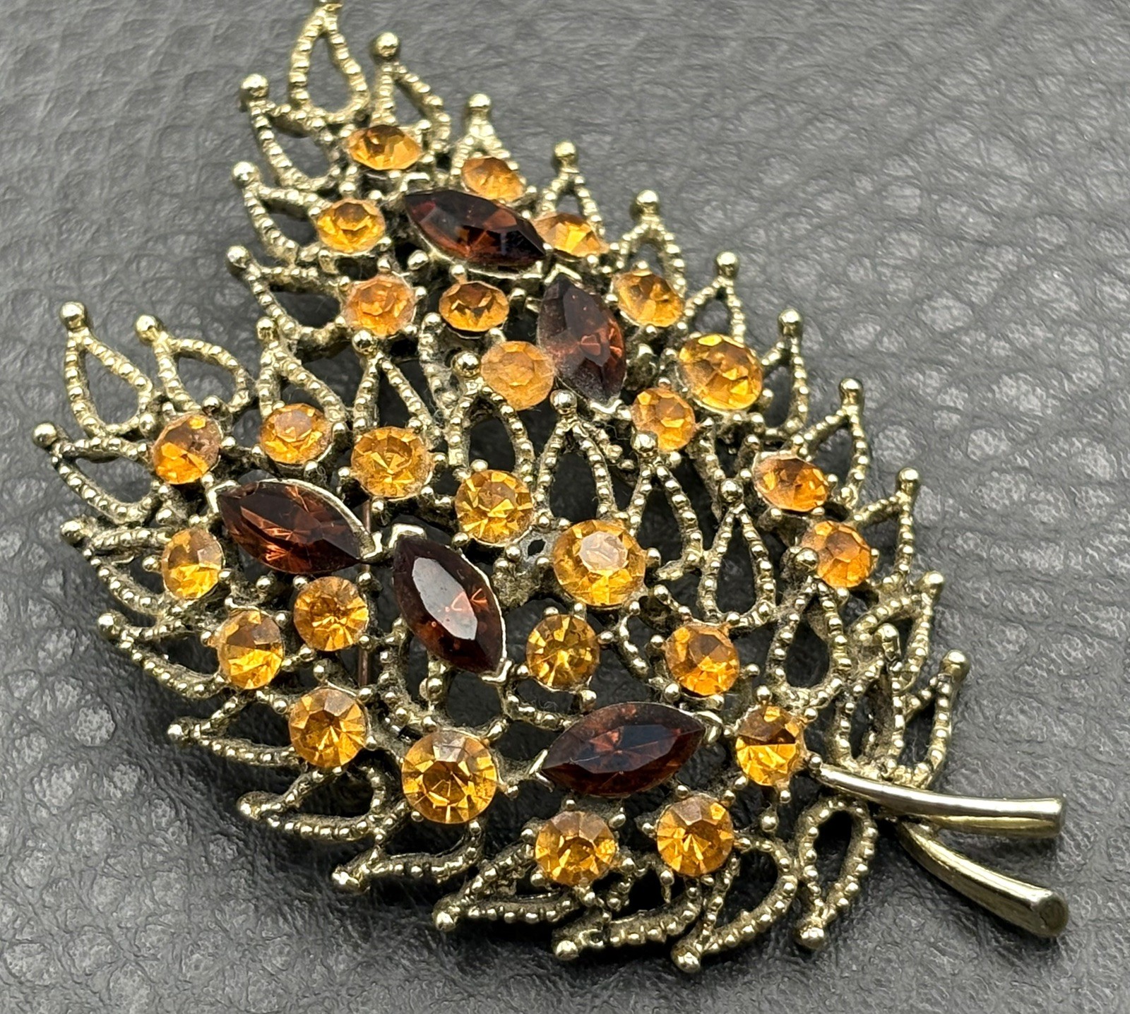 HUGE Vintage Leaf Filigree Faux Topaz Faux Citrine Rhinestone Crystal Brooch Pin