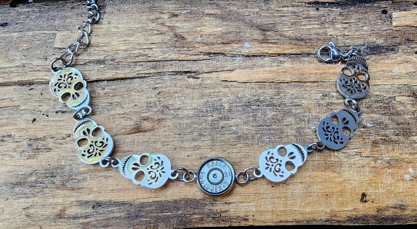 Stainless Steel Bracelet with Sugar Skulls and 9 mm bullet. Optional Color