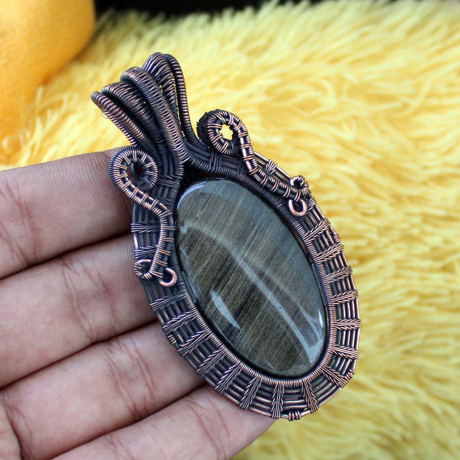 Golden Obsidian Pendant Copper Wire Wrapped Pendant Handmade Wire Wrap Jewelry