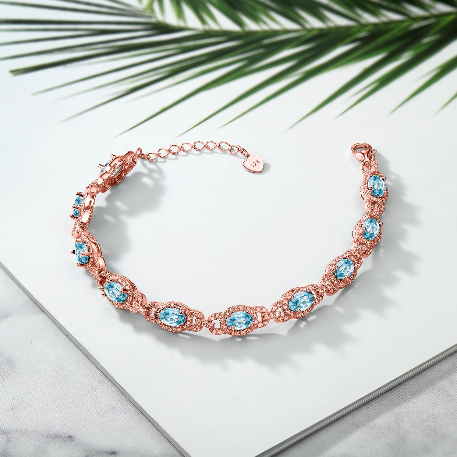 11.85 Ct Oval Blue Zircon 18K Rose Gold Plated Silver Bracelet
