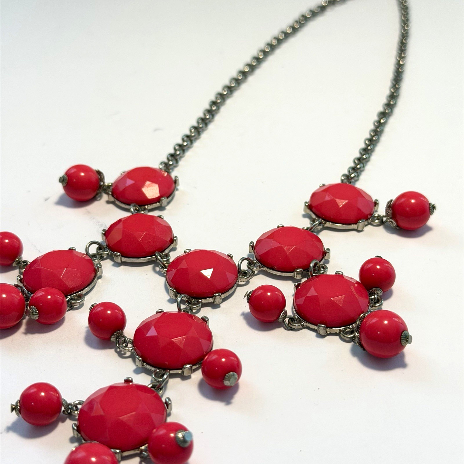 LOFT Hot Pink Bubble Bead Statement Necklace Silver Tone Chain Bib Cluster